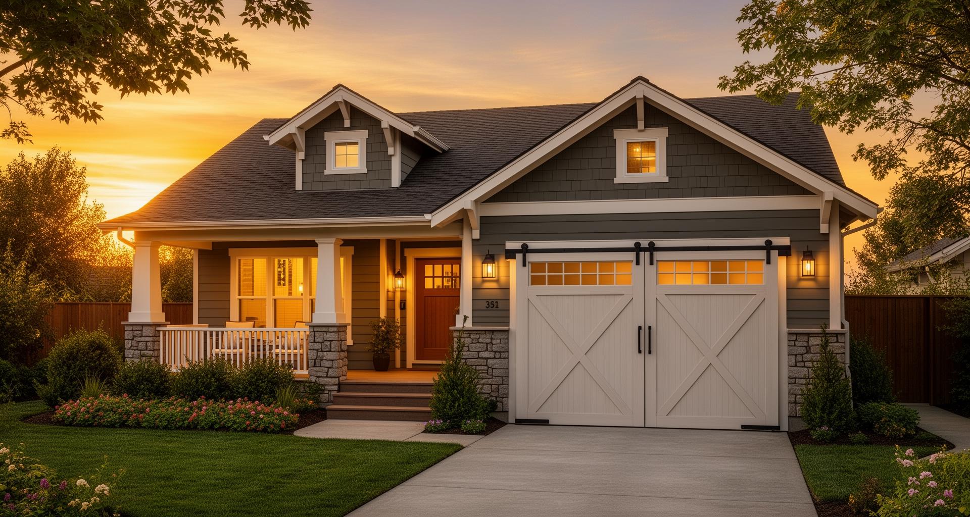 Beautiful farmhouse barn-style garage door with X-pattern at golden hour