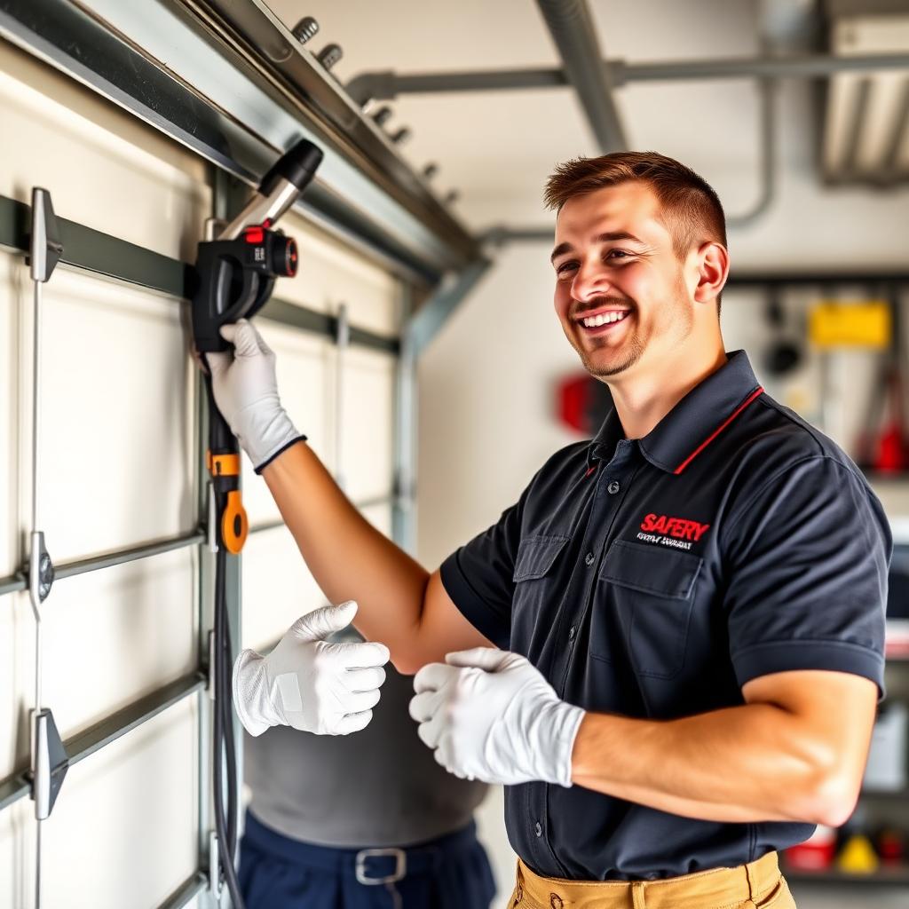 Professional garage door technician testing safety features